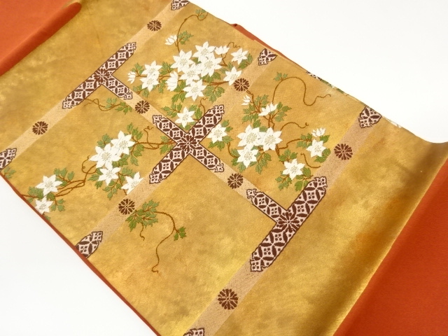 JAPANESE NAGOYA OBI / WOVEN GRID & FLOWER ARABESQUE